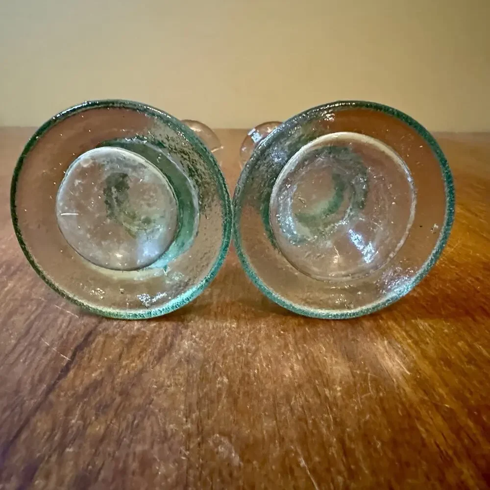 Pair Antique Hand Blown Glass Taper Candlesticks Aqua Green Pontil 8”